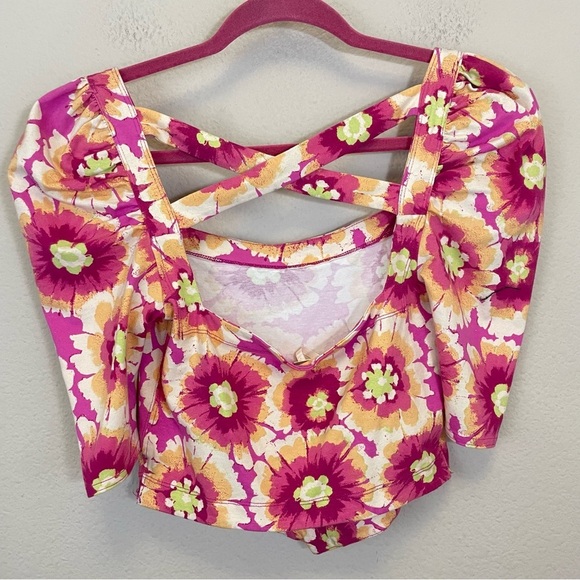 Free People Floral Puff Sleeves Cut Out Back Crop Top Pink Size XS - Picture 7 of 12